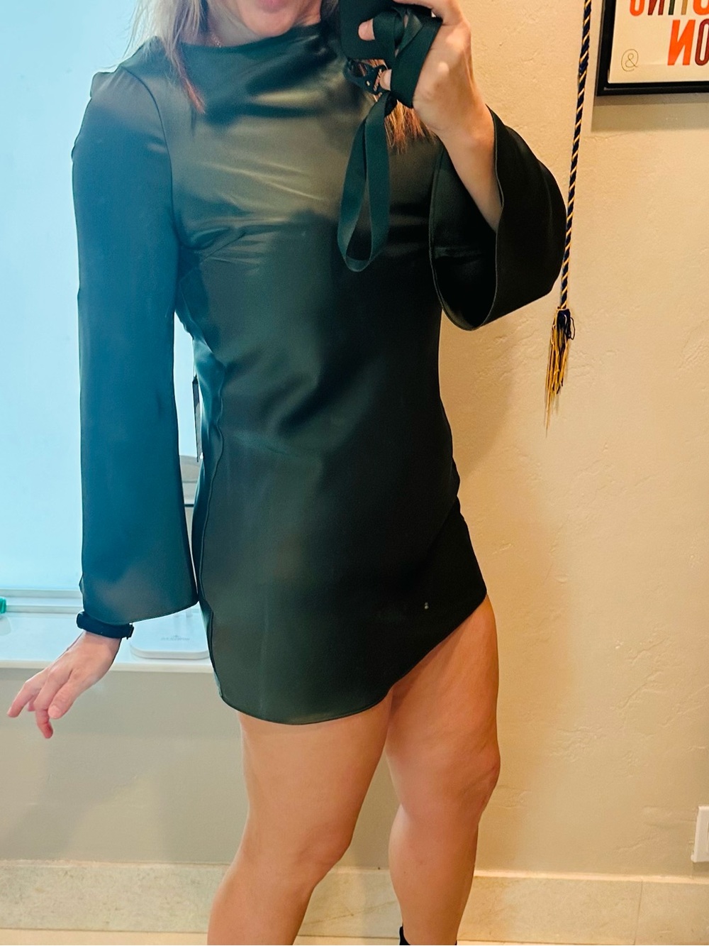 Gianni Bini Dark Green Satin-Look Long-Bell Sleeve Mini Dress Size 8